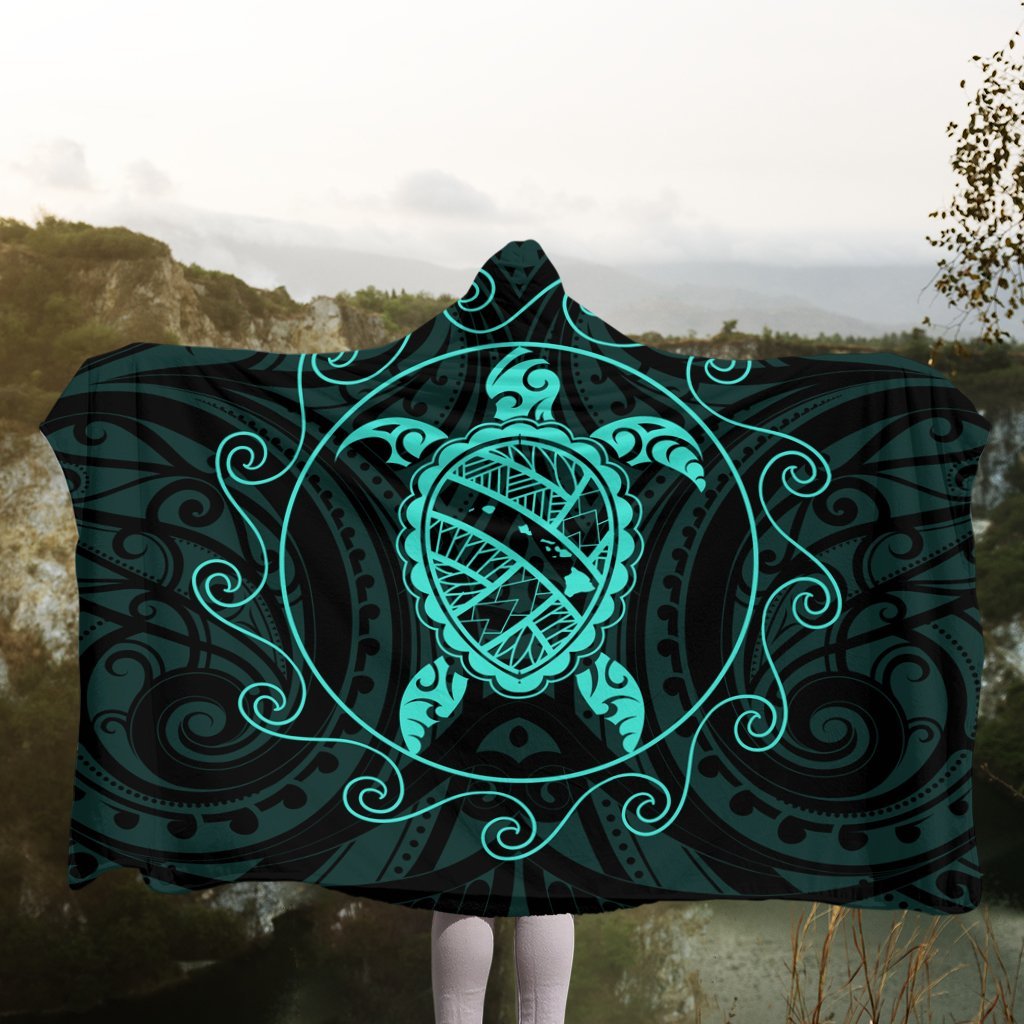Hawaiian Map Turtle Wave Polynesian Hooded Blanket Turquoise - AH - Polynesian Pride