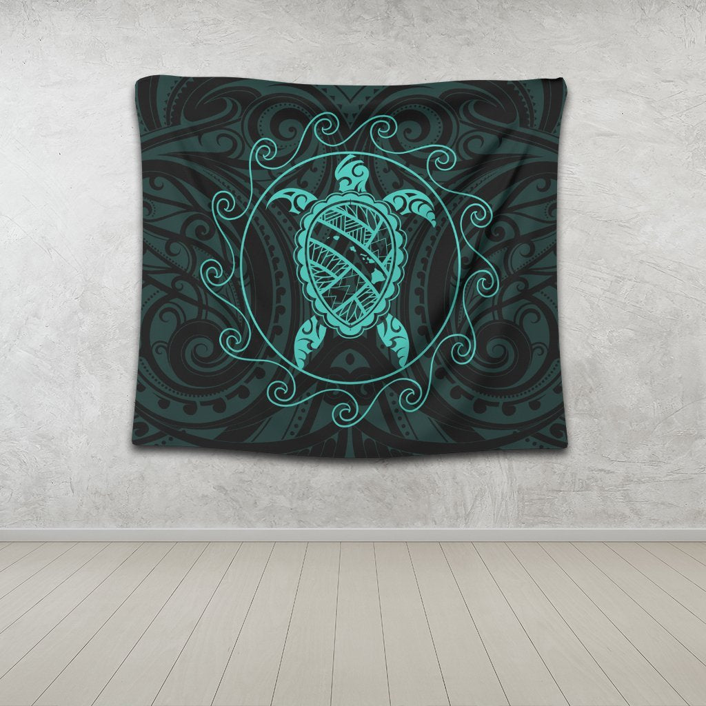 Hawaiian Map Turtle Wave Polynesian Tapestry Turquoise - AH - Polynesian Pride