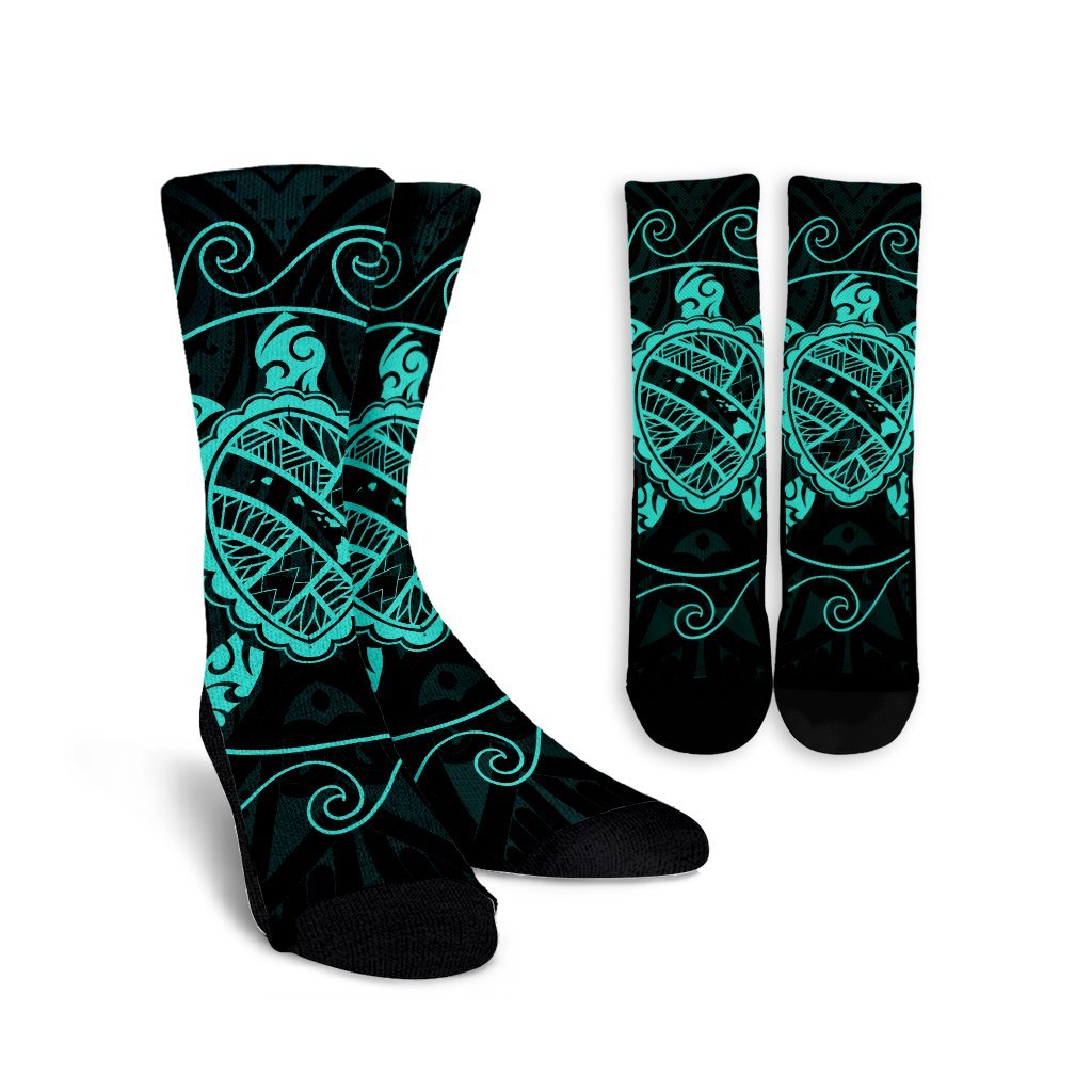 Hawaiian Map Turtle Wave Polynesian Crew Socks Turquoise - AH Crew Socks White - Polynesian Pride