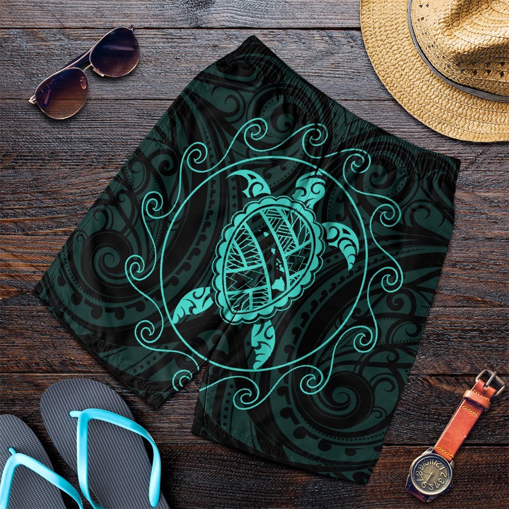 Hawaiian Map Turtle Wave Polynesian Men's Shorts Turquoise - AH Art - Polynesian Pride