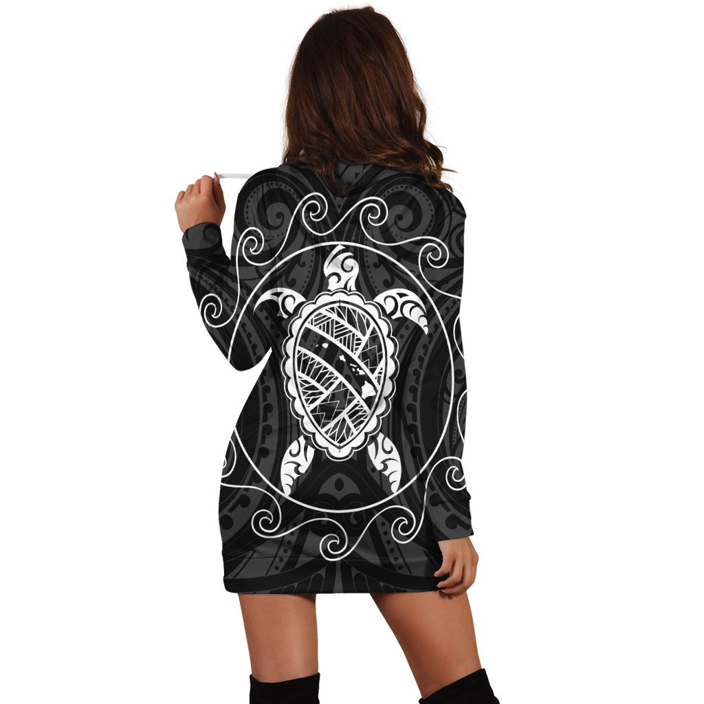 Hawaiian Map Turtle Wave Polynesian Hoodie Dress White - AH - Polynesian Pride