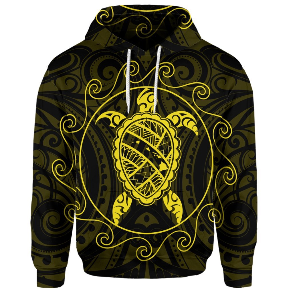 Custom Hawaiian Map Turtle Wave Polynesian Hoodie Yellow - Polynesian Pride