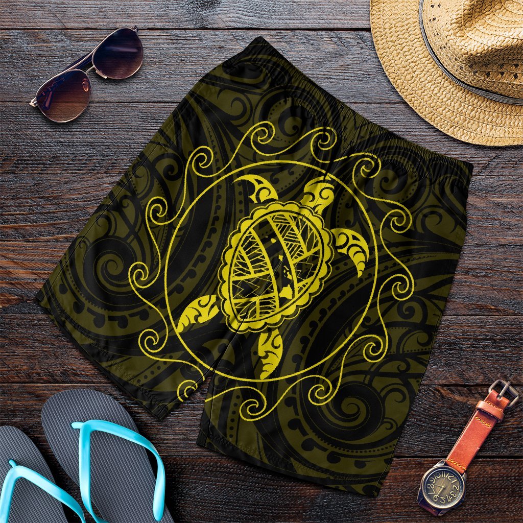 Hawaiian Map Turtle Wave Polynesian Men's Shorts Yellow - AH Art - Polynesian Pride