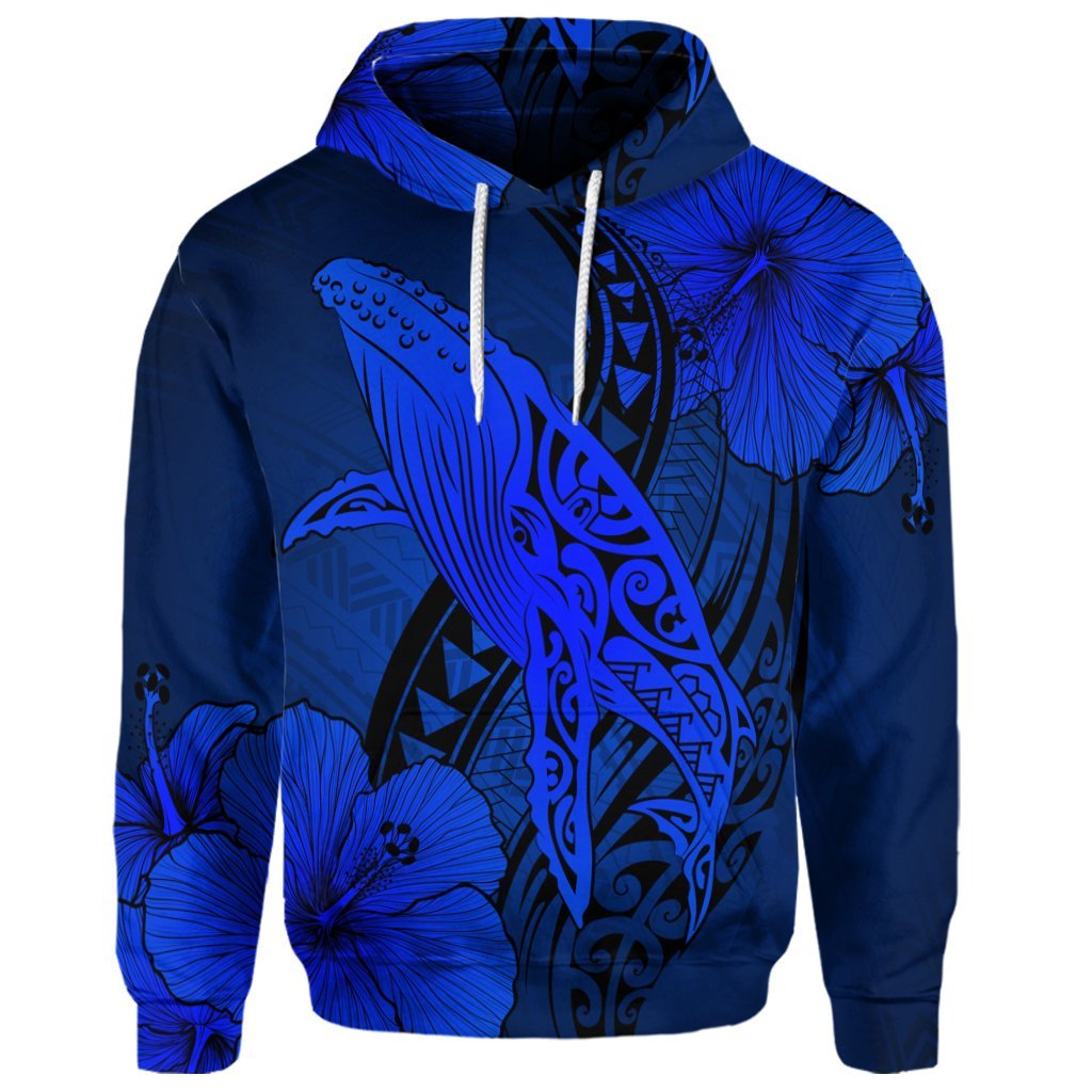 Custom Hawaiian Map Whale Swim Hibiscus Polynesian Hoodie Blue - Polynesian Pride