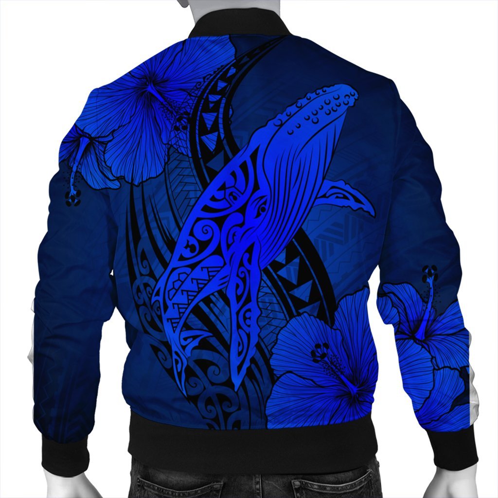 Hawaiian Map Whale Swim Hibiscus Polynesian Bomber Jacket - Blue - AH - Polynesian Pride