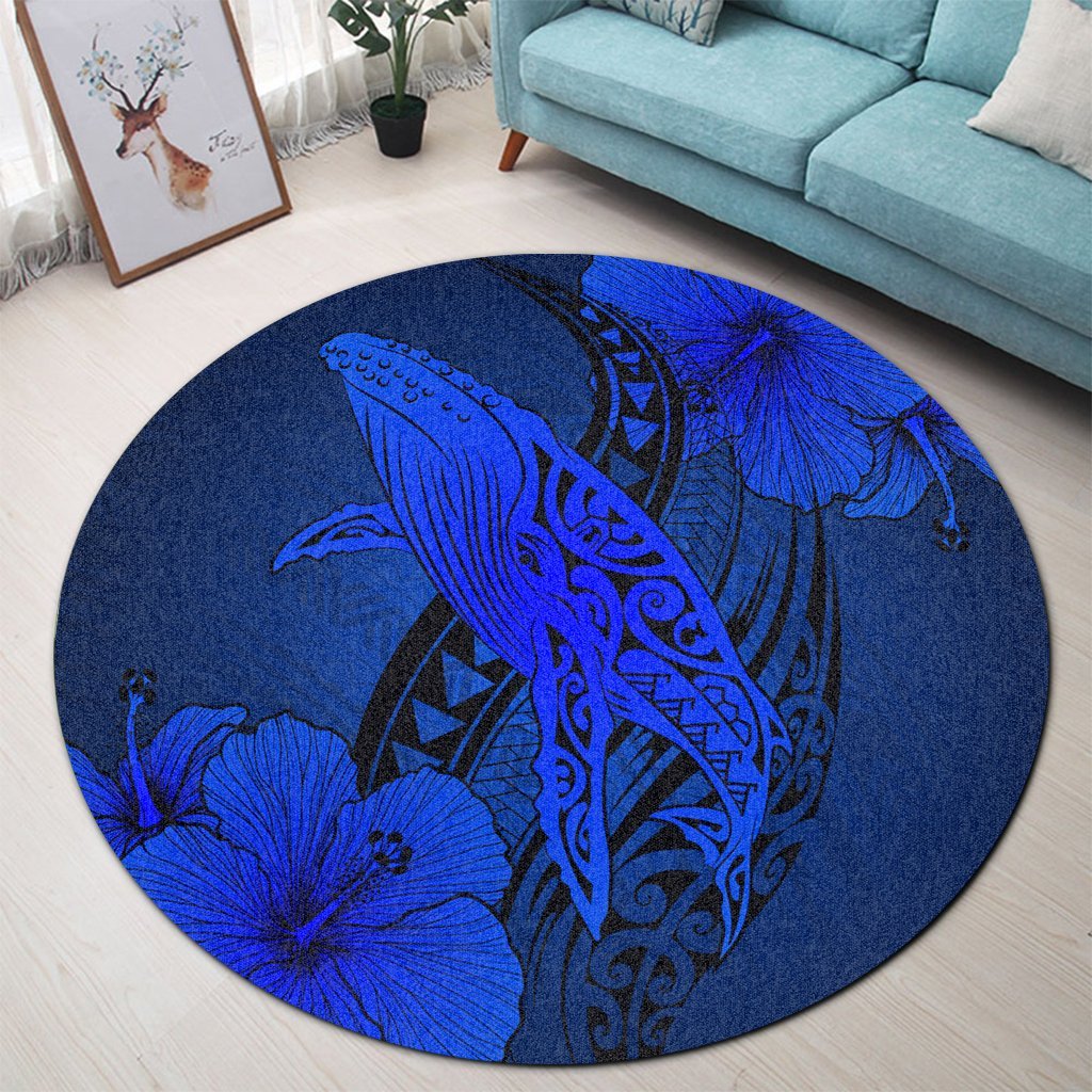 Hawaiian Map Whale Swim Hibiscus Polynesian Round Carpet - Blue - AH - Polynesian Pride