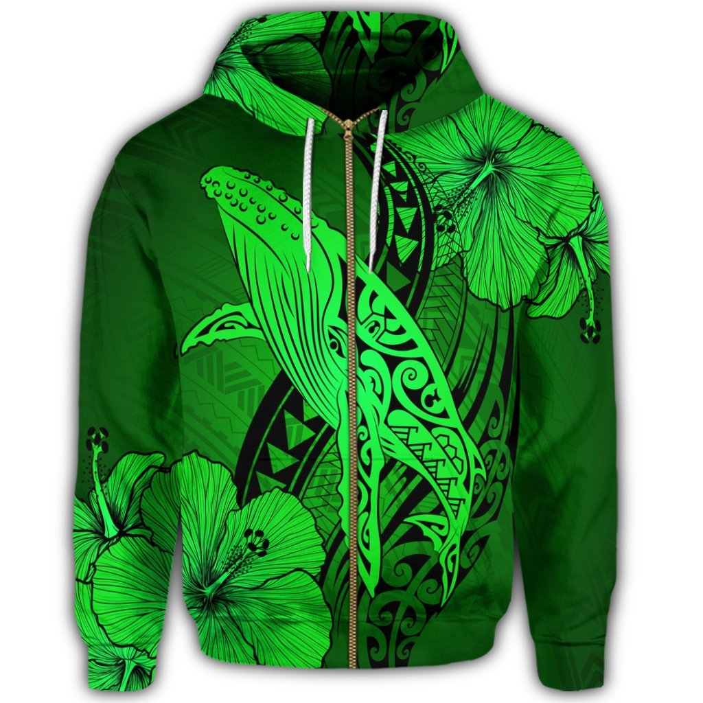 Hawaiian Map Whale Swim Hibiscus Polynesian Zip Hoodie Green - Polynesian Pride