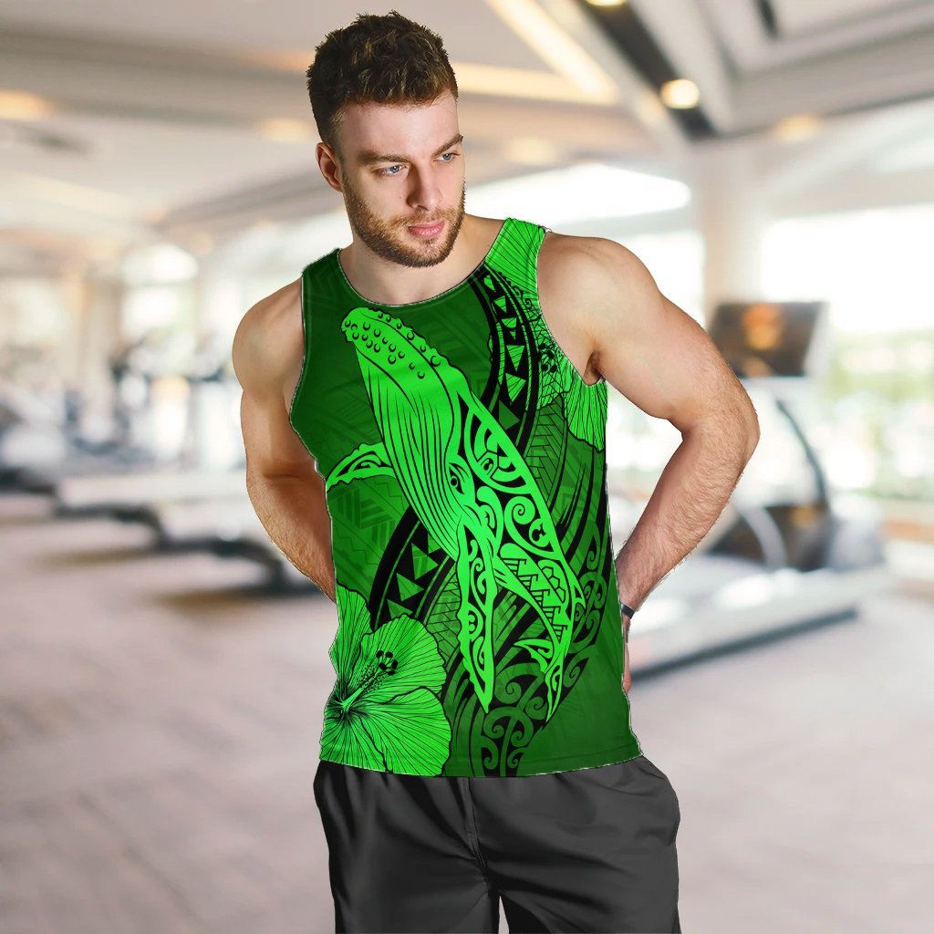 Hawaiian Map Whale Swim Hibiscus Polynesian Tank Top - Green - AH - Polynesian Pride