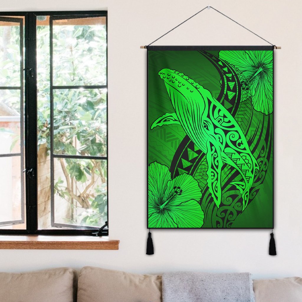 Hawaiian Map Whale Swim Hibiscus Polynesian Hanging Poster - Green - AH - Polynesian Pride