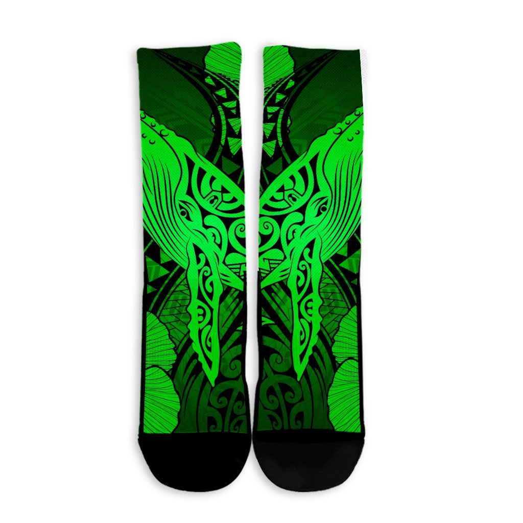 Hawaiian Map Whale Swim Hibiscus Polynesian Crew Socks - Green - AH - Polynesian Pride