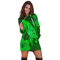 Hawaiian Map Whale Swim Hibiscus Polynesian Hoodie Dress - Green - AH - Polynesian Pride
