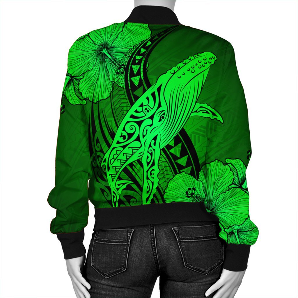 Hawaiian Map Whale Swim Hibiscus Polynesian Bomber Jacket - Green - AH - Polynesian Pride