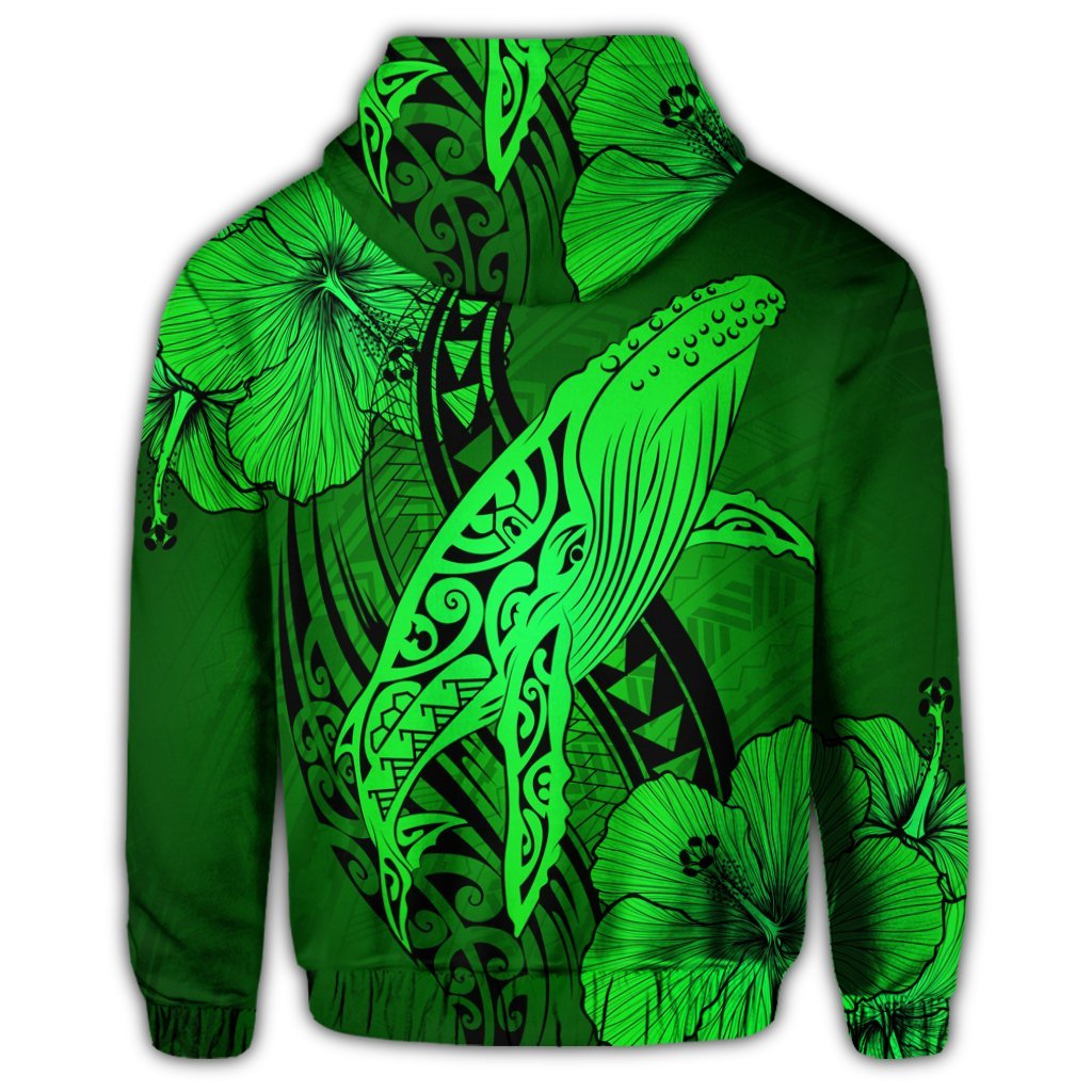 Hawaiian Map Whale Swim Hibiscus Polynesian Zip Hoodie Green - Polynesian Pride