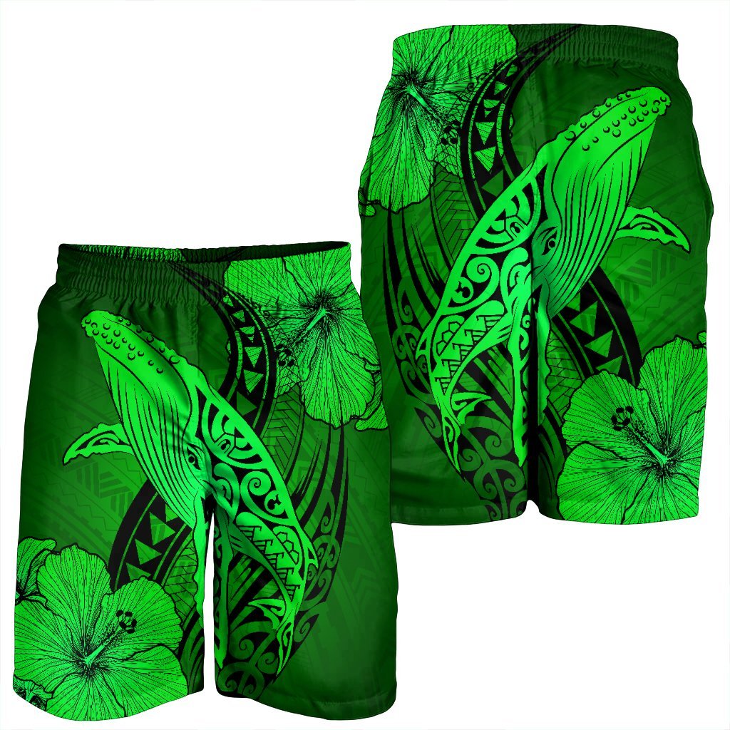 Hawaiian Map Whale Swim Hibiscus Polynesian Men's Shorts - Green - AH - Polynesian Pride