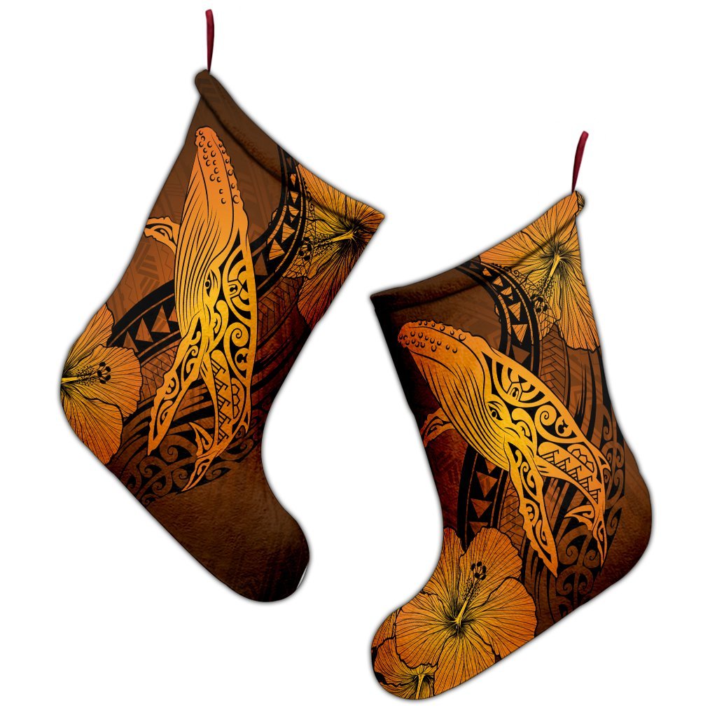 Hawaiian Map Whale Swim Hibiscus Polynesian Christmas Stocking - Orange - AH - Polynesian Pride