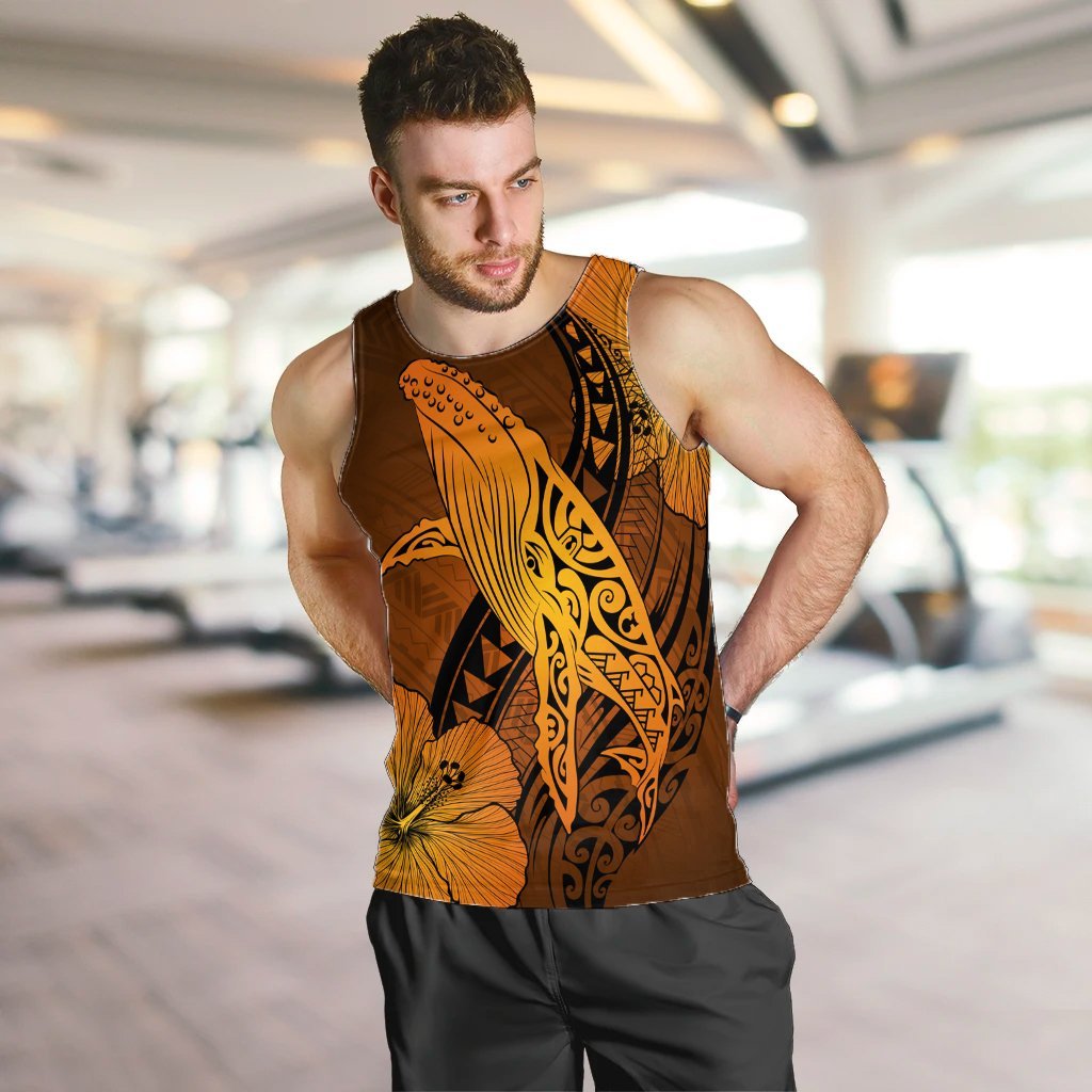 Hawaiian Map Whale Swim Hibiscus Polynesian Tank Top - Orange - AH - Polynesian Pride