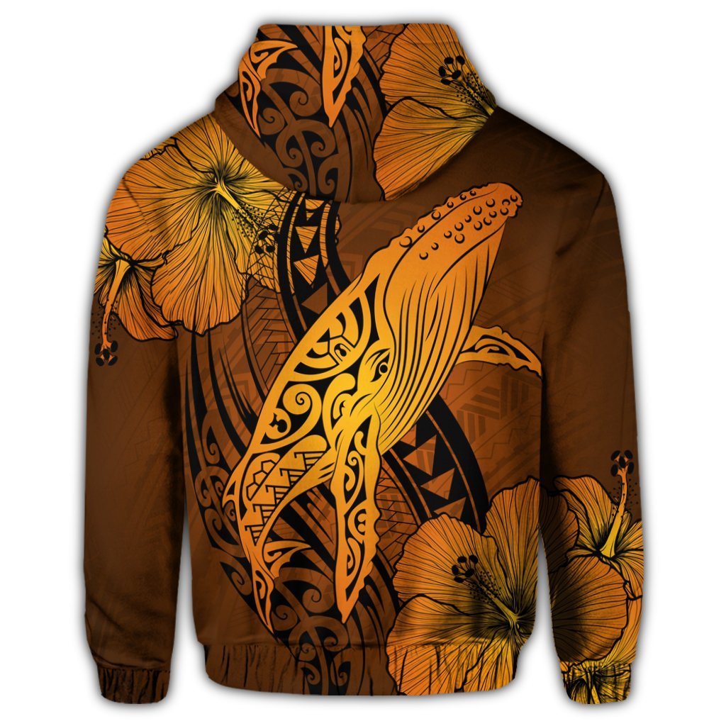 Hawaiian Map Whale Swim Hibiscus Polynesian Zip Hoodie Orange - Polynesian Pride