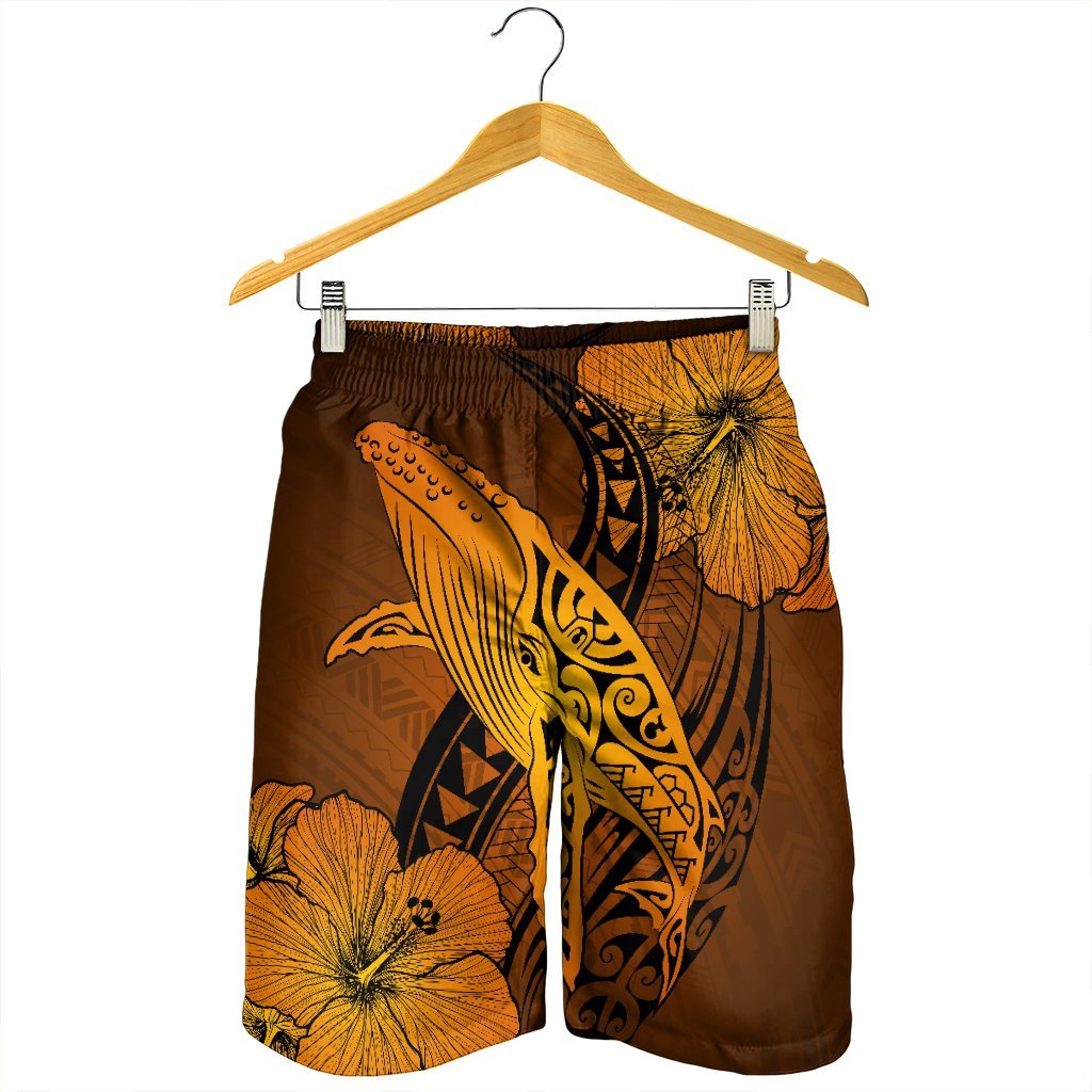Hawaiian Map Whale Swim Hibiscus Polynesian Men's Shorts - Orange - AH - Polynesian Pride