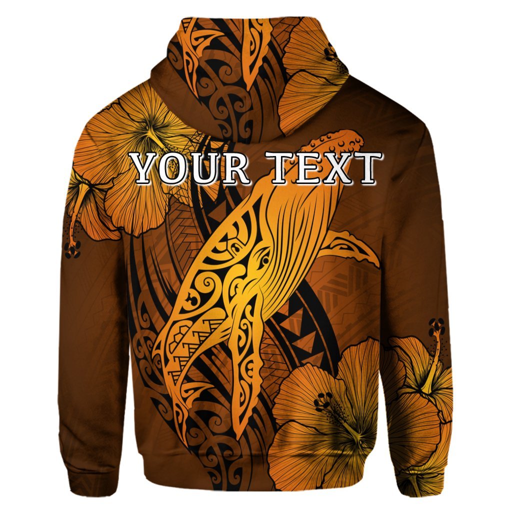 Custom Hawaiian Map Whale Swim Hibiscus Polynesian Hoodie Orange - Polynesian Pride