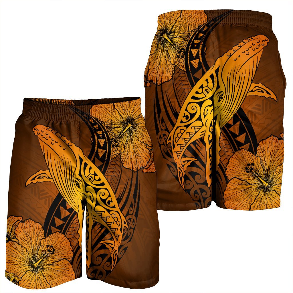 Hawaiian Map Whale Swim Hibiscus Polynesian Men's Shorts - Orange - AH - Polynesian Pride