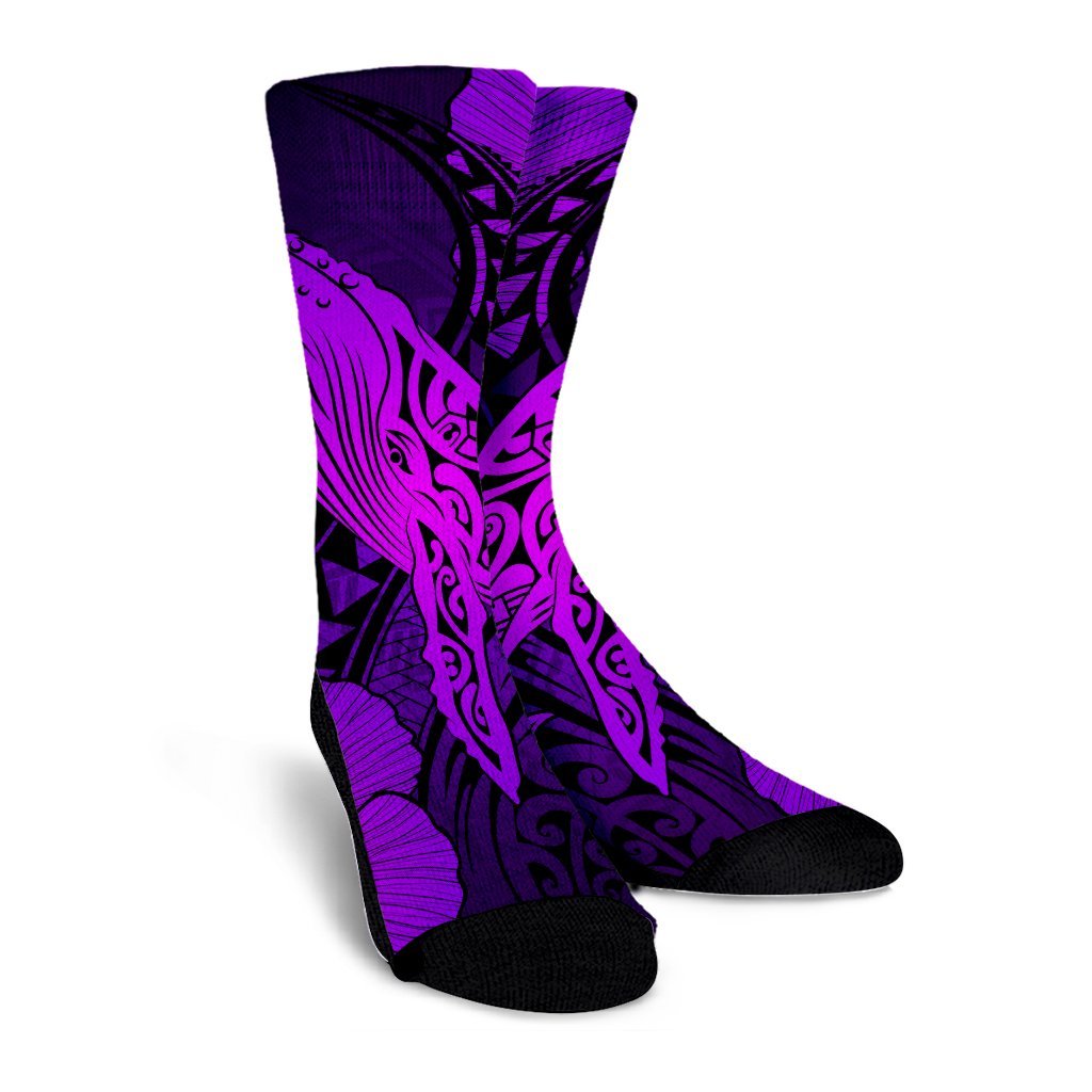 Hawaiian Map Whale Swim Hibiscus Polynesian Crew Socks - Purple - AH - Polynesian Pride