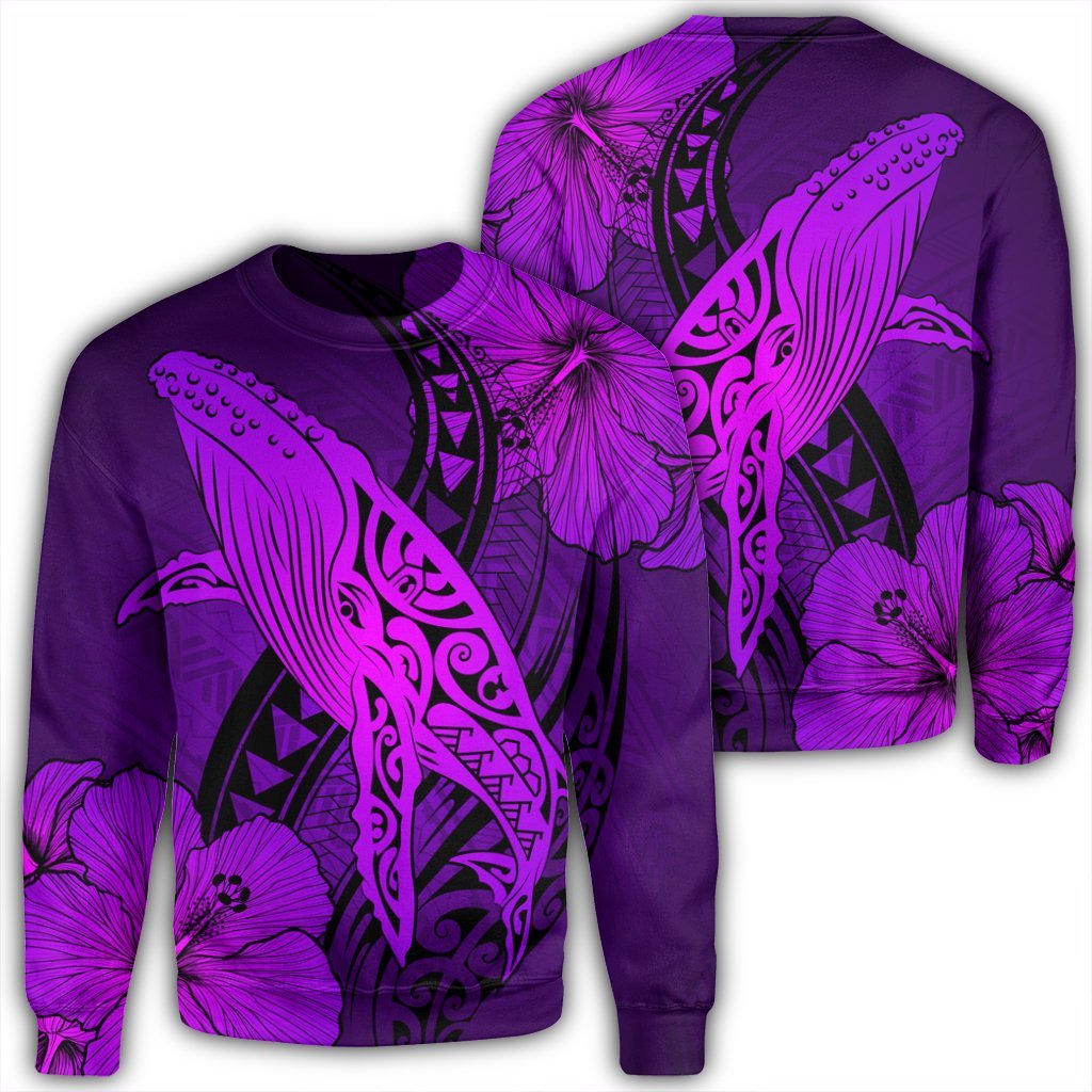 Hawaiian Map Whale Swim Hibiscus Polynesian Sweatshirt - Purple - AH Unisex Black - Polynesian Pride