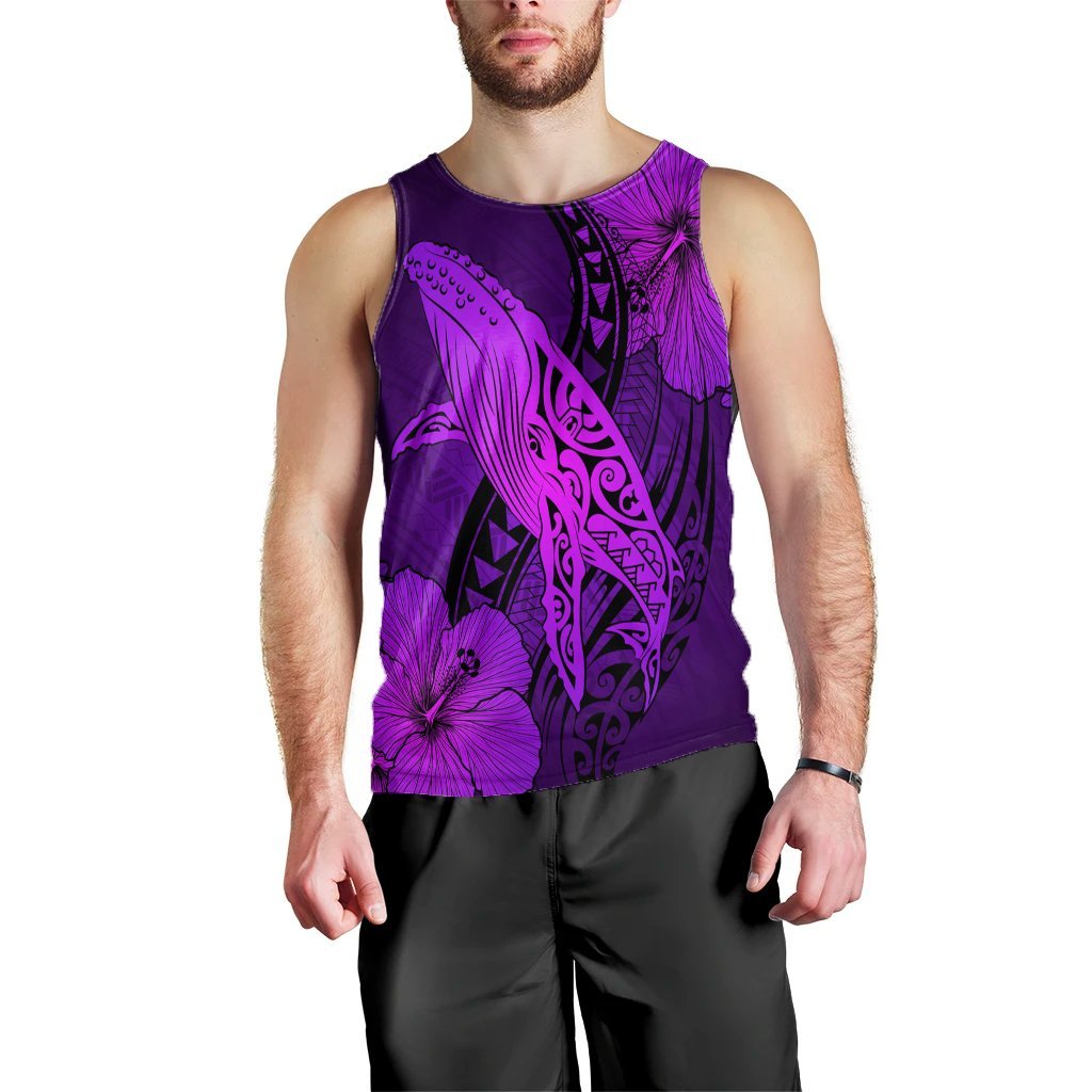 Hawaiian Map Whale Swim Hibiscus Polynesian Tank Top - Purple - AH Black - Polynesian Pride