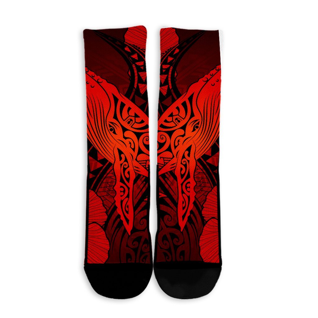 Hawaiian Map Whale Swim Hibiscus Polynesian Crew Socks - Red - AH - Polynesian Pride