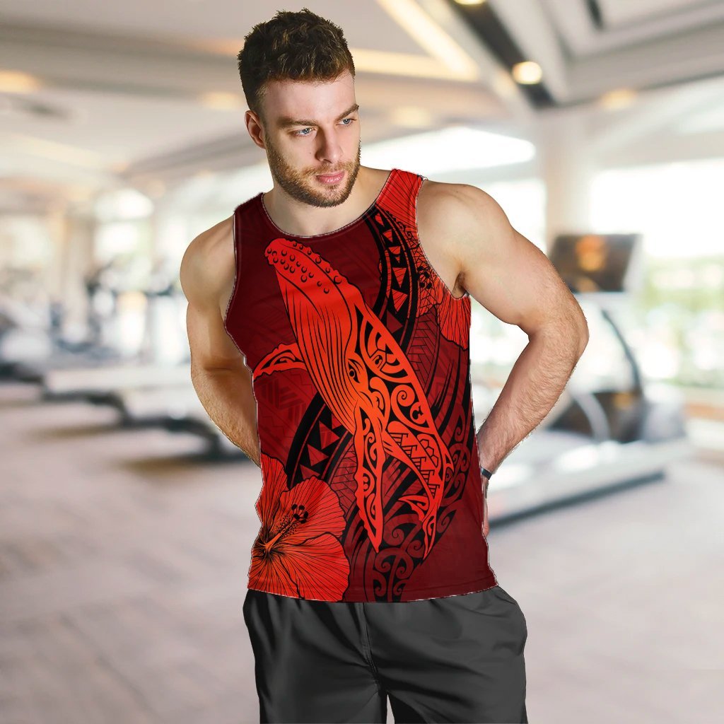 Hawaiian Map Whale Swim Hibiscus Polynesian Tank Top - Red - AH - Polynesian Pride