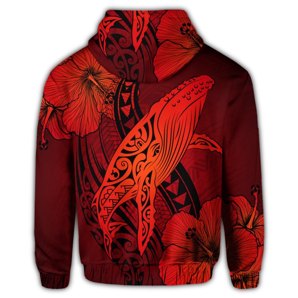 Hawaiian Map Whale Swim Hibiscus Polynesian Zip Hoodie Red - Polynesian Pride