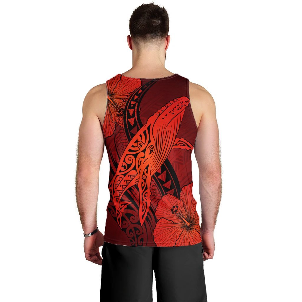 Hawaiian Map Whale Swim Hibiscus Polynesian Tank Top - Red - AH - Polynesian Pride