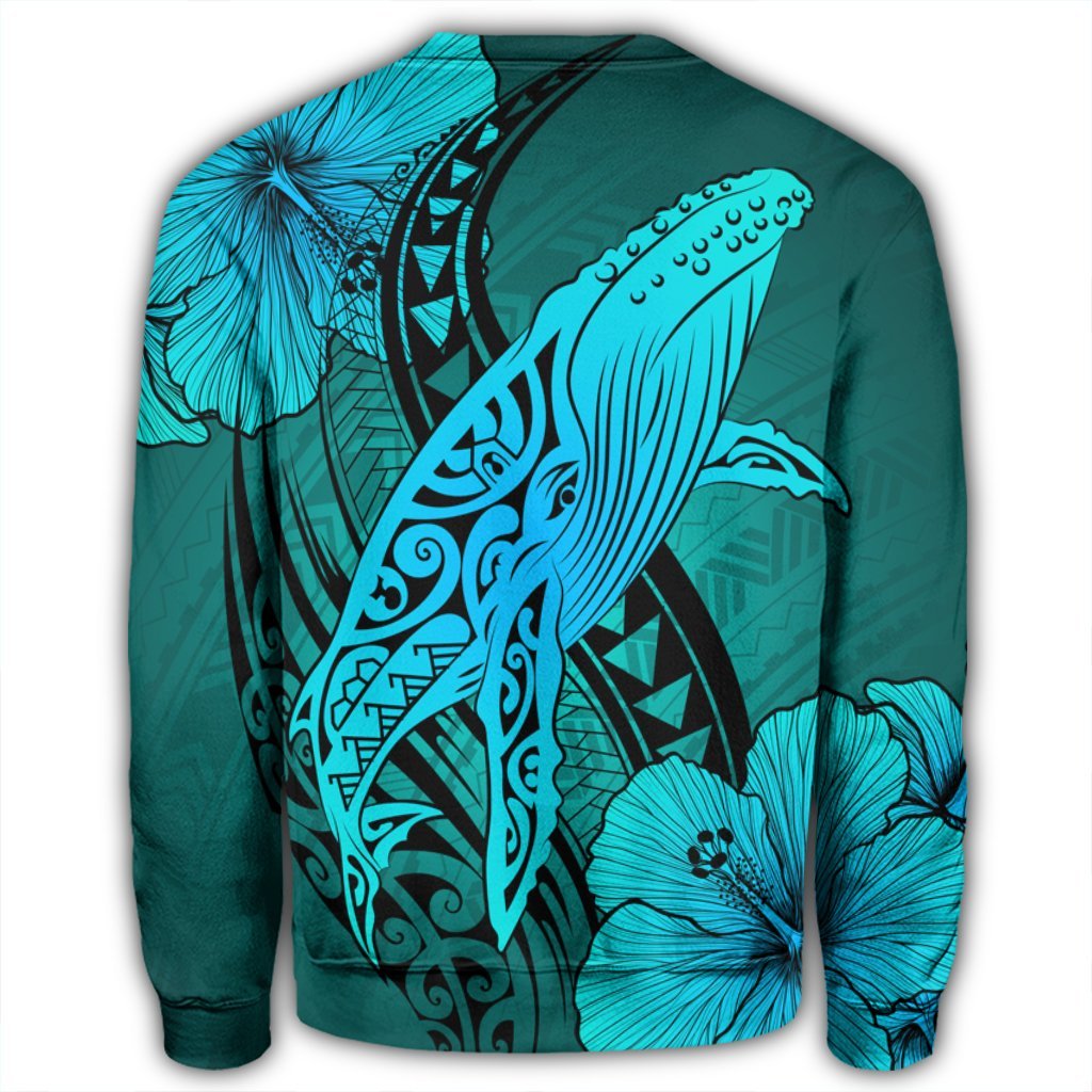 Hawaiian Map Whale Swim Hibiscus Polynesian Sweatshirt - Turquoise - AH - Polynesian Pride