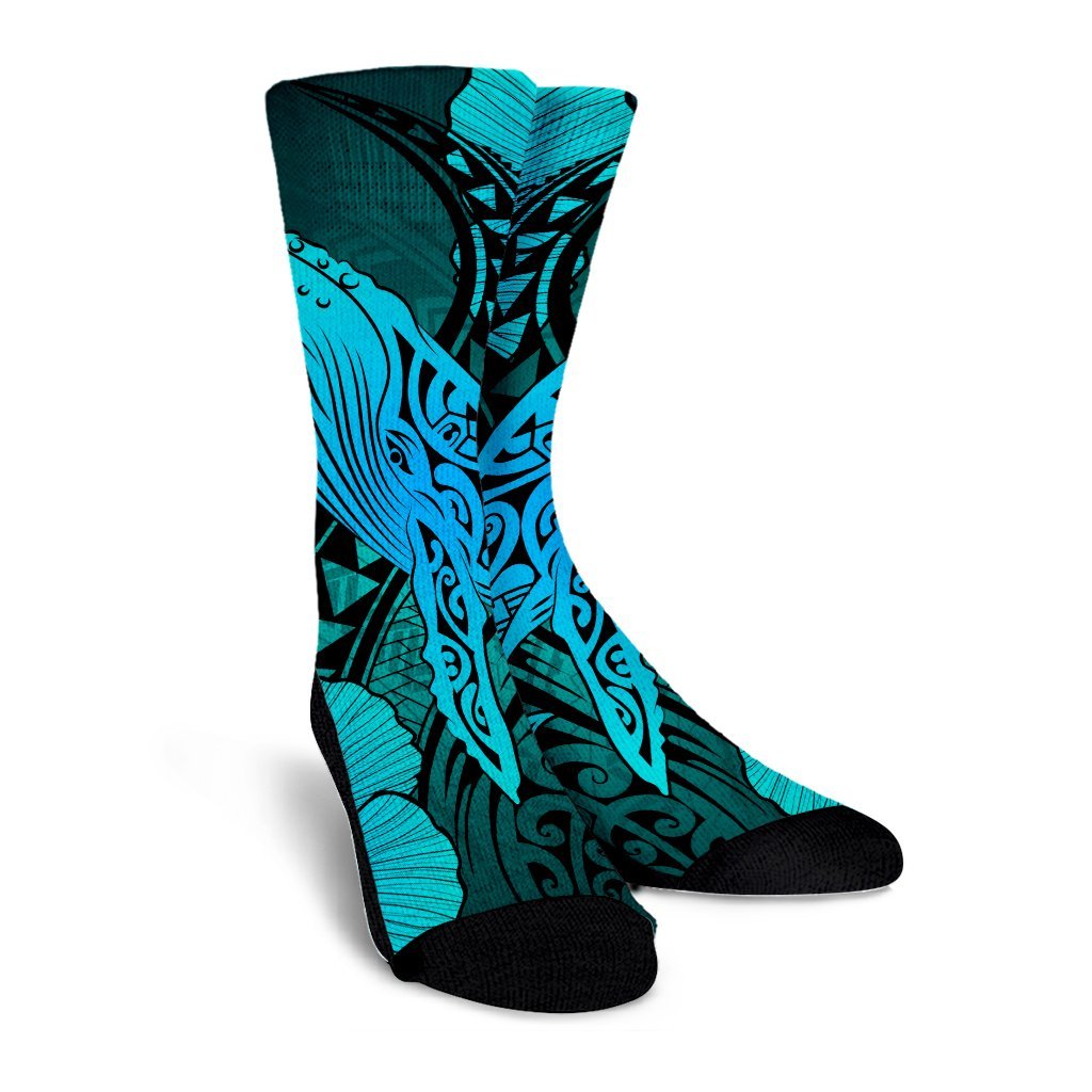 Hawaiian Map Whale Swim Hibiscus Polynesian Crew Socks - Turquoise - AH - Polynesian Pride