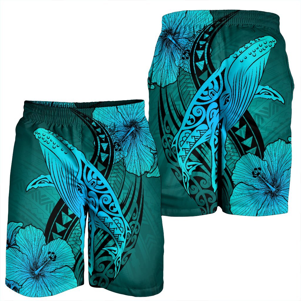 Hawaiian Map Whale Swim Hibiscus Polynesian Men's Shorts - Turquoise - AH - Polynesian Pride