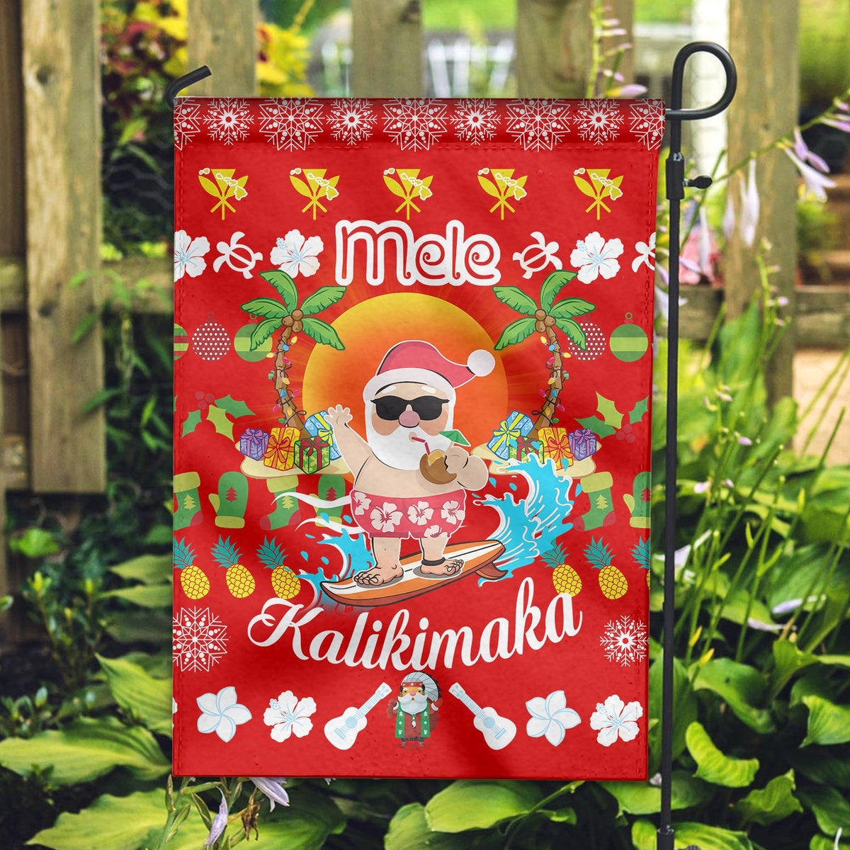 Hawaiian Mele Kalikimaka Santa Claus Pattern Christmas Garden Flag - Red - Labo Style - AH - Polynesian Pride