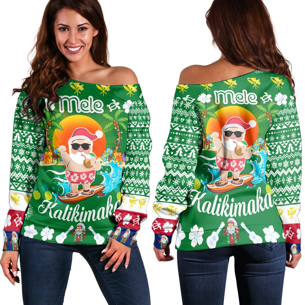 Hawaiian Mele Kalikimaka Santa Claus Pattern Christmas Women's Off Shoulder Sweater - Green - Labo Style - AH Green - Polynesian Pride