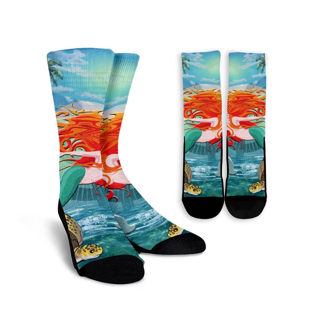 Hawaiian Mermaid Turtle Dolphin Polynesian Crew Socks - AH Crew Socks White - Polynesian Pride