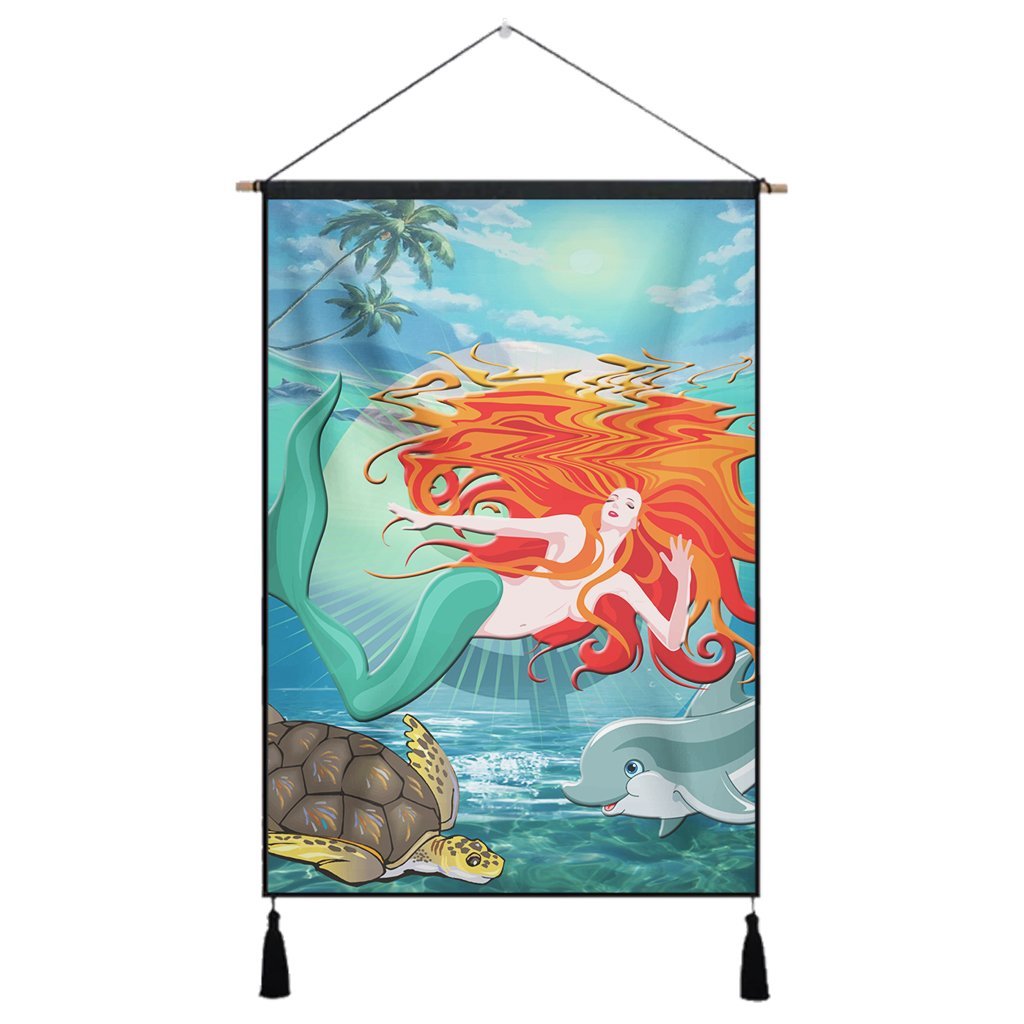 Hawaiian Mermaid Turtle Dolphin Polynesian Hanging Poster - AH Hanging Poster Cotton And Linen - Polynesian Pride