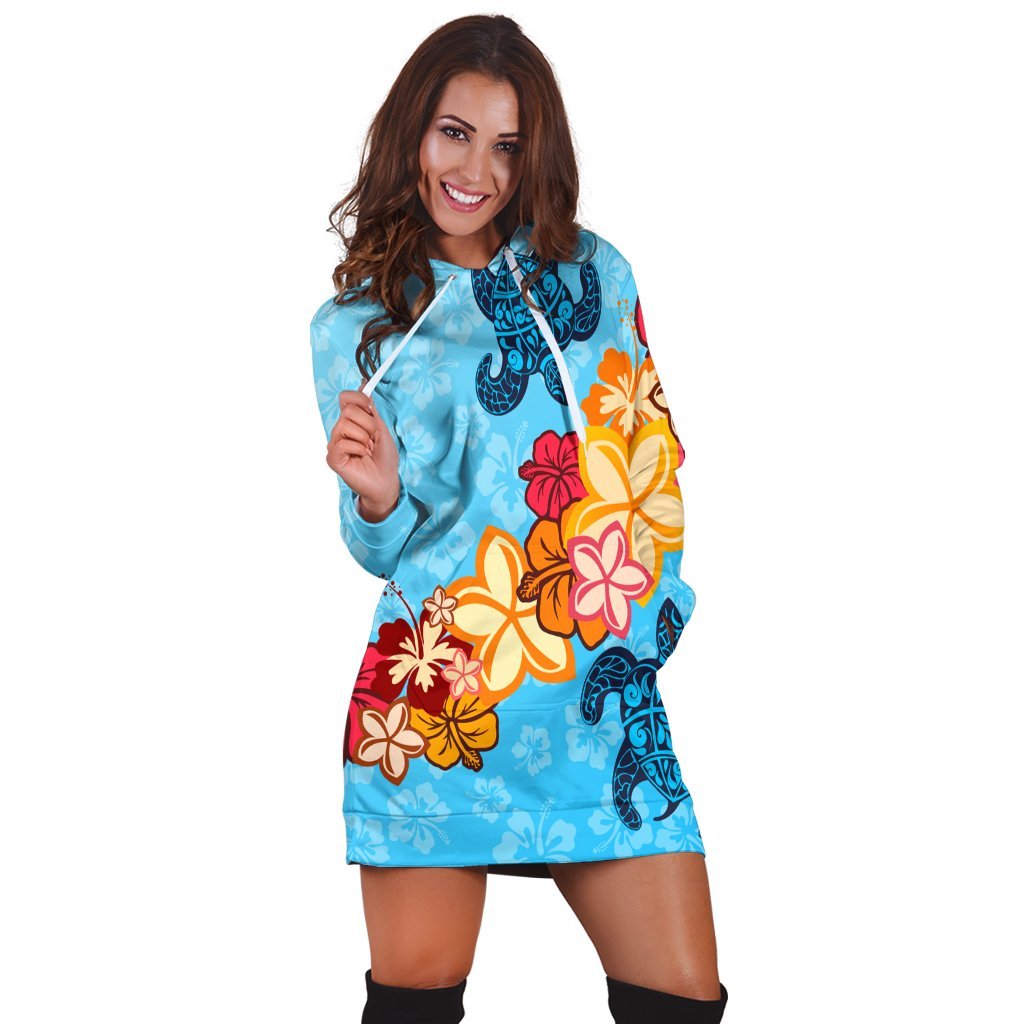 Hawaiian Ocean Turtle Plumeria And Hibiscus Polynesian Hoodie Dress - AH - Polynesian Pride
