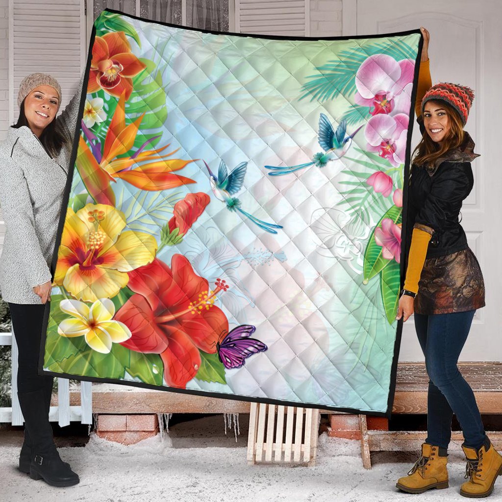 Hawaiian Orchids Strelitzia Hibiscus Plumeria Hummingbirds Polynesian Premium Quilts - AH - Polynesian Pride