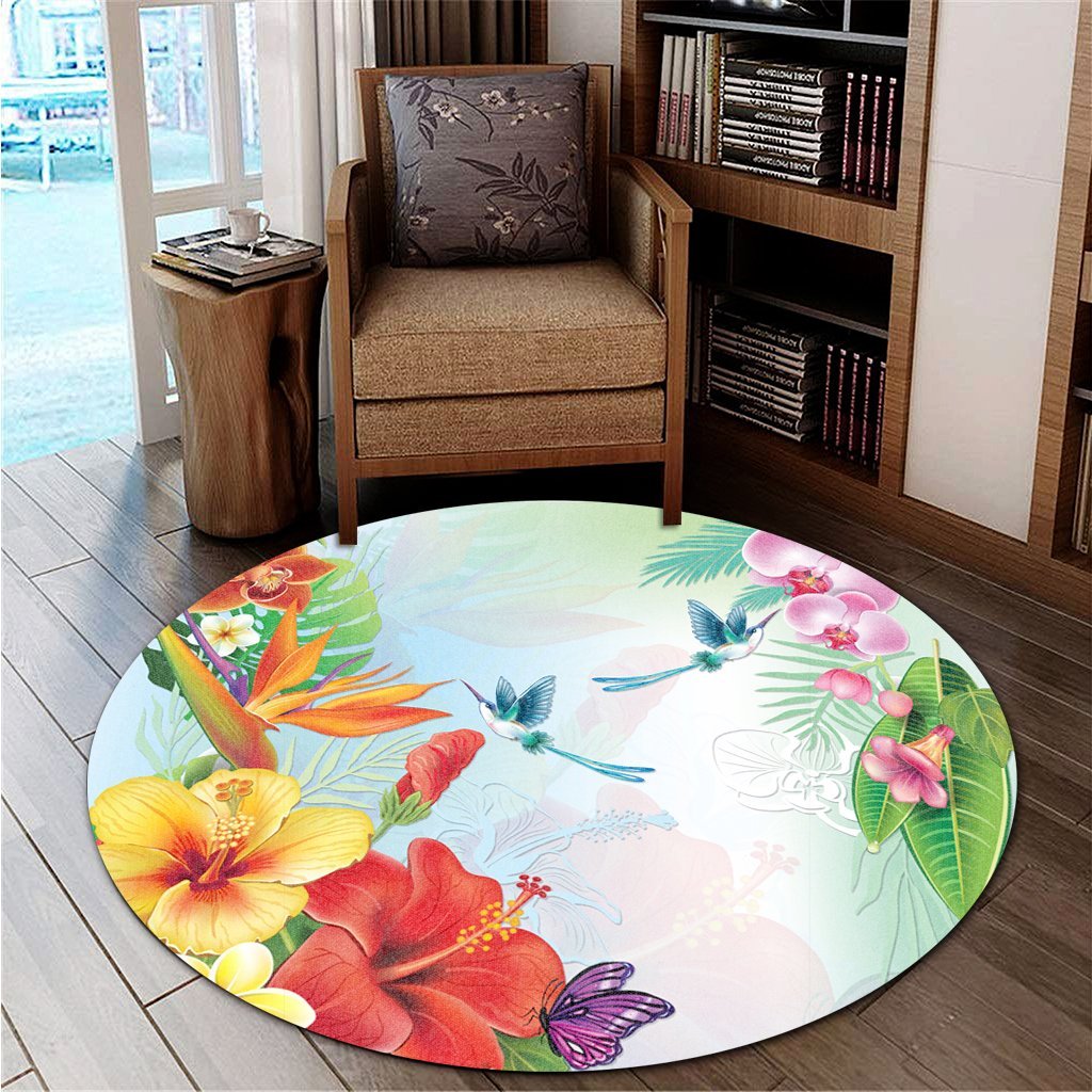 Hawaiian Orchids Strelitzia Hibiscus Plumeria Hummingbirds Polynesian Round Carpet - AH - Polynesian Pride