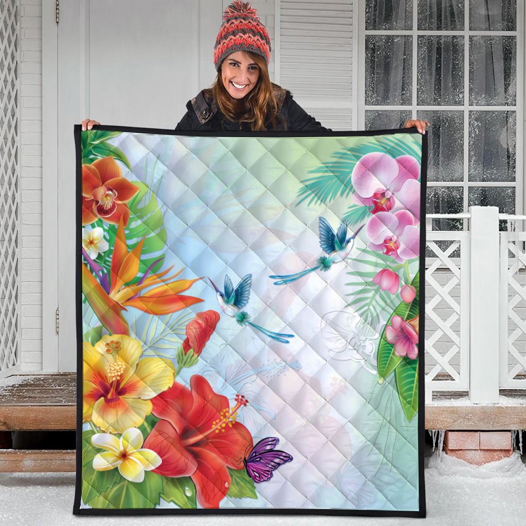 Hawaiian Orchids Strelitzia Hibiscus Plumeria Hummingbirds Polynesian Premium Quilts - AH - Polynesian Pride