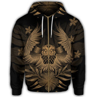 Hawaiian Owl Hibiscus Plumeria Polynesian Zip Hoodie Gold - Polynesian Pride