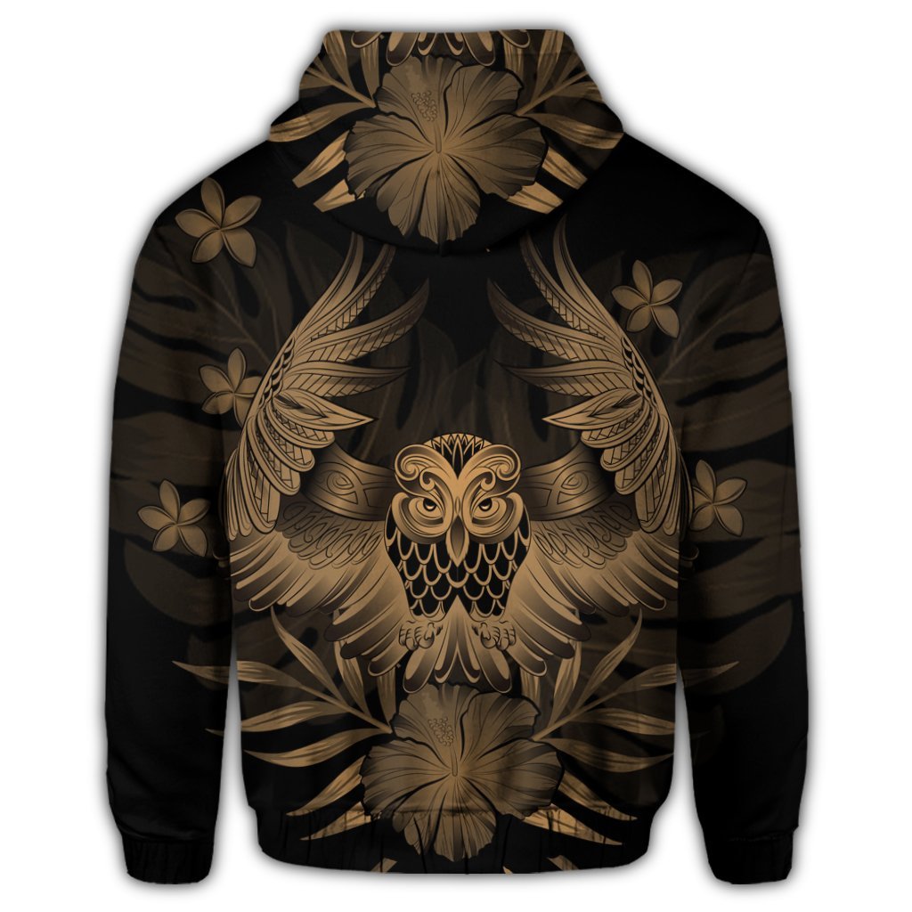 Hawaiian Owl Hibiscus Plumeria Polynesian Zip Hoodie Gold - Polynesian Pride