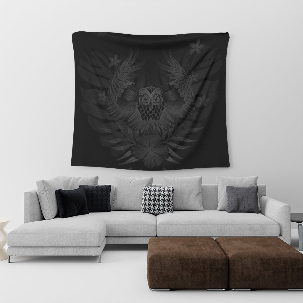 Hawaiian Owl Hibiscus Plumeria Polynesian Tapestry - Gray - AH - Polynesian Pride