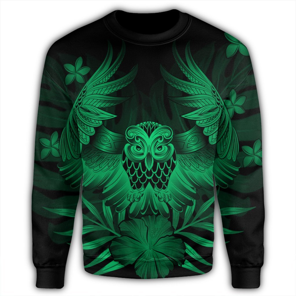 Hawaiian Owl Hibiscus Plumeria Polynesian Sweatshirt - Green - AH - Polynesian Pride