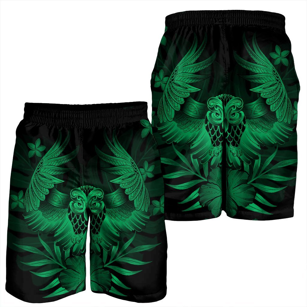 Hawaiian Owl Hibiscus Plumeria Polynesian Men's Shorts - Green - AH - Polynesian Pride