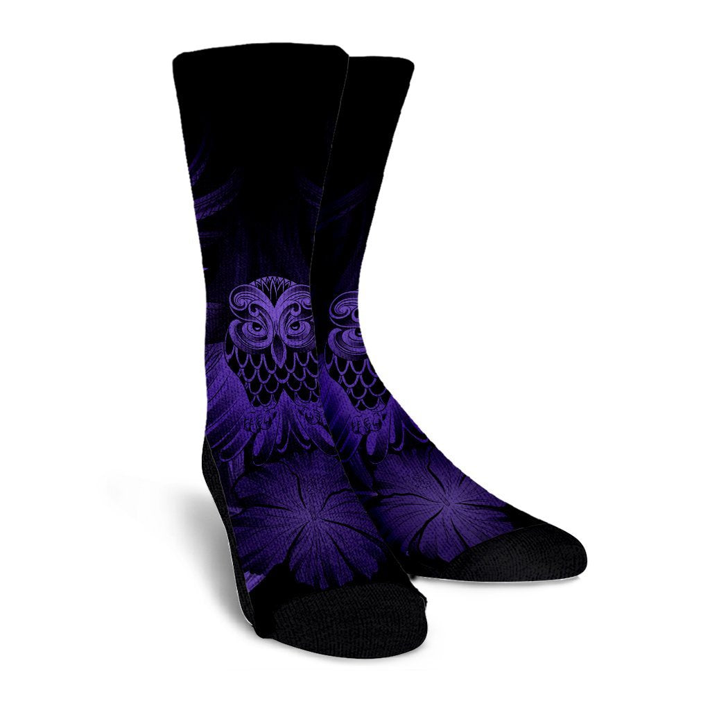 Hawaiian Owl Hibiscus Plumeria Polynesian Crew Socks - Purple - AH - Polynesian Pride