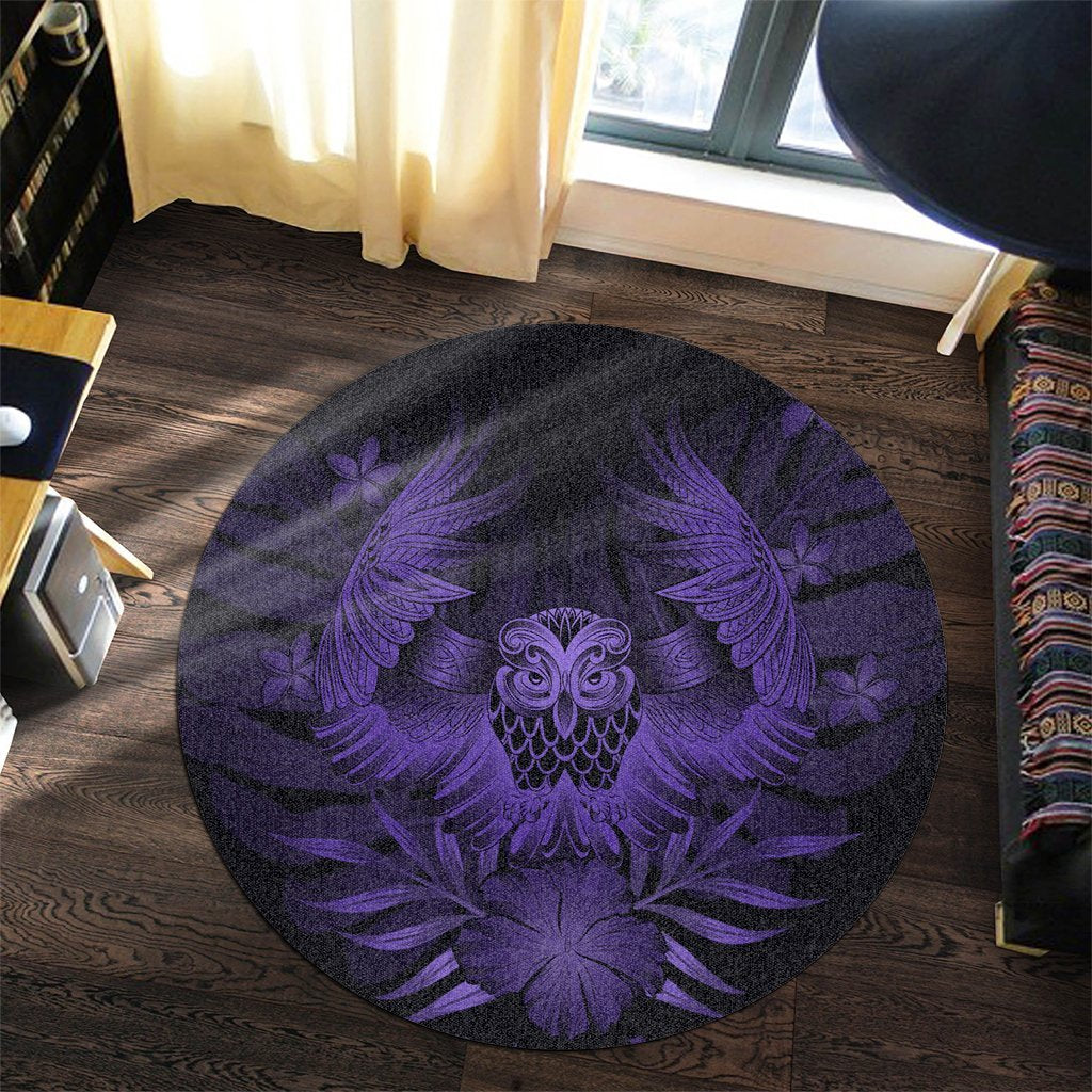 Hawaiian Owl Hibiscus Plumeria Polynesian Round Carpet - Purple - AH - Polynesian Pride