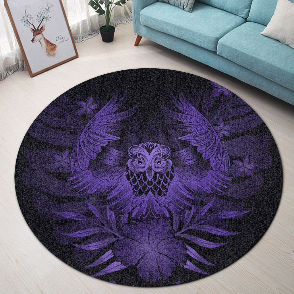 Hawaiian Owl Hibiscus Plumeria Polynesian Round Carpet - Purple - AH - Polynesian Pride